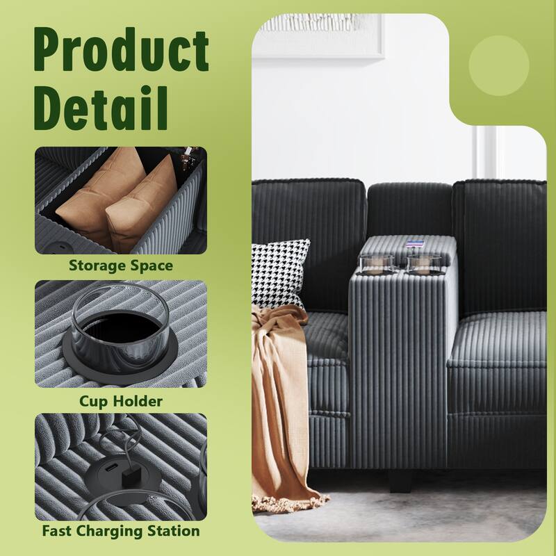 133.4" Corduroy L-Shaped Sectional Sofa with USB Charging and Storage, 6-Seater