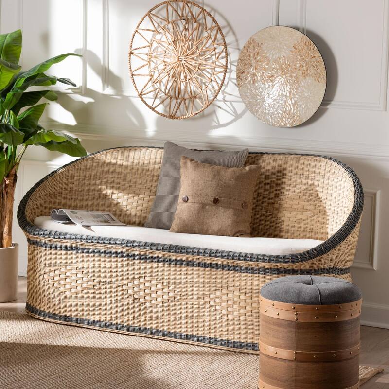 Emiliana Natural Rattan Loveseat - Handwoven Wicker Sofa with Two-Tone Woven Detailing and Cushion, Boho Coastal Seating