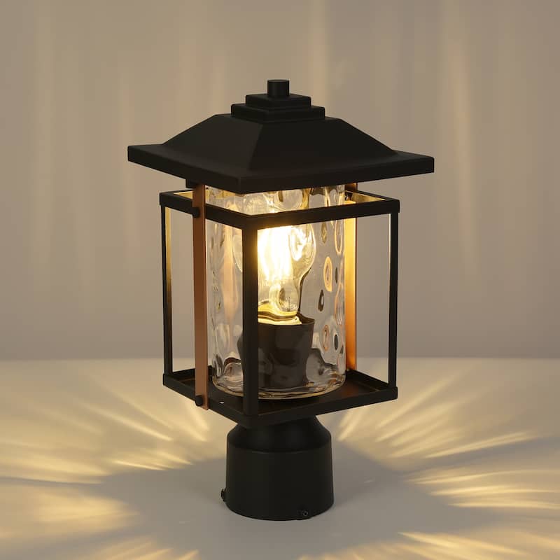 Elisie Modern Textured Black Gold 1-Light Outdoor Post Light Water Glass for Garage Porch Front Door - L 6.5"* W 6.5"* H 12.6"