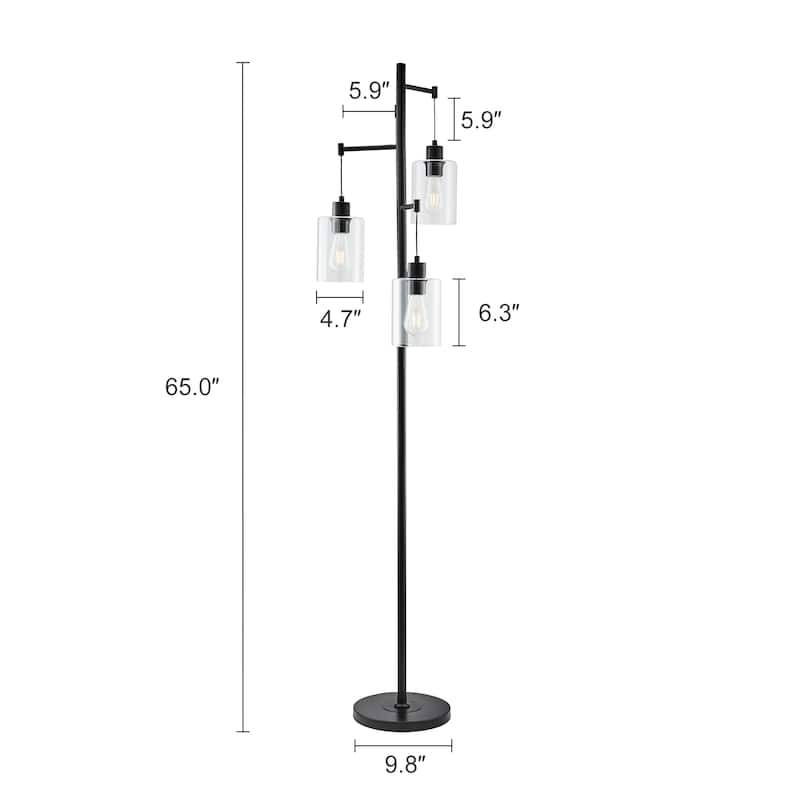 CO-Z 3 Light 65" Black Industrial Floor Lamp Hanging Glass Shades