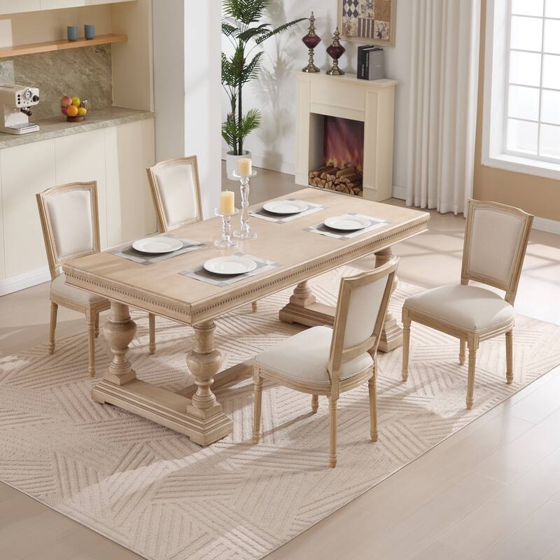 French Country Dining Chairs Set of 2, Upholstered Chairs with T-shaped Back, Wire drawing and carving techniques