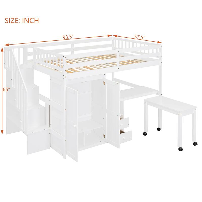 Multifunctional Full Size Loft Bed with Stairs, Bookshelf, Drawers, Desk & Wardrobe - White