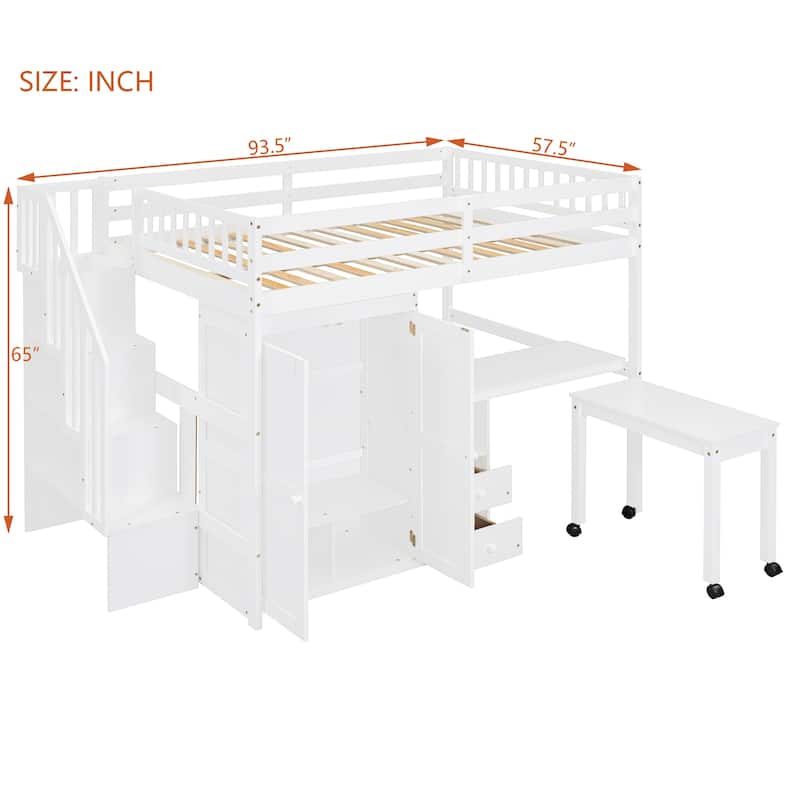 Twin/Full Size Loft Bed with Desk, Wardrobe, Drawers & Stairs, Wood Frame Study Bed with Storage for Kids/Teens