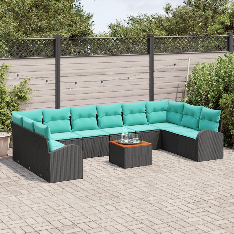 vidaXL 11 Piece Garden Sofa Set with Cushions Black Poly Rattan Acacia - 135.4×70.5×27.2