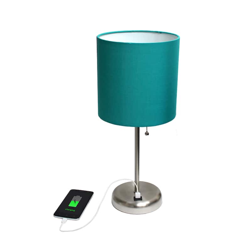 19.5" USB Port Feature Metal Lamp in Steel w Aqua Shade