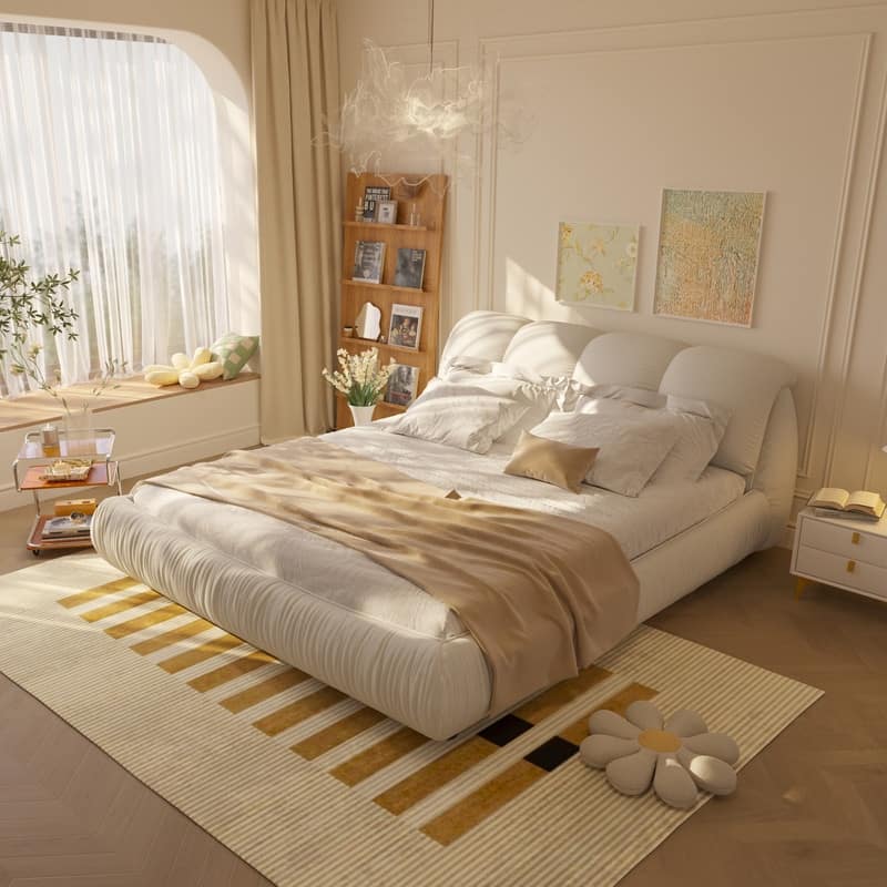 Queen or King Size Upholstered Platform Bed with Oversized Padded Backrest, Luxury Grounded Bed Frame - Beige - King