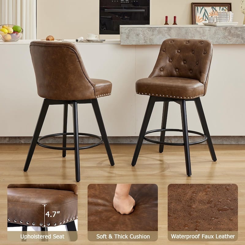 Bar Stools Set of 2, 26" Seat Height Barstools, Swivel Bar Chairs with Upholstered, Footrest, Backrest and Metal Legs