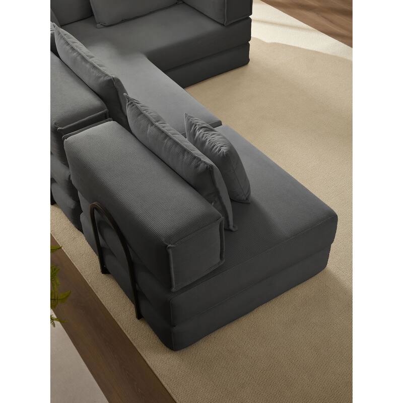 118.2" Oversized Modular Foldable Floor Sofa Couch, Corduroy Upholstered Convertible Sectional Sofa Bed w/ Pillows for Apartment