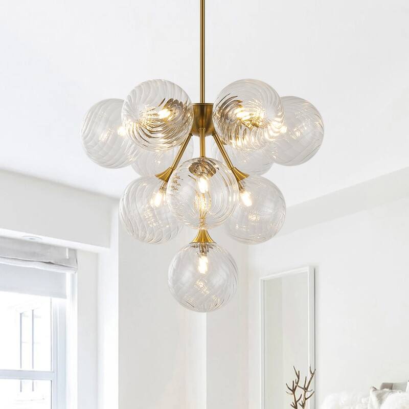 Modern 10-Light Chandelier with Swirl Clear Glass Globes and Brass Finish