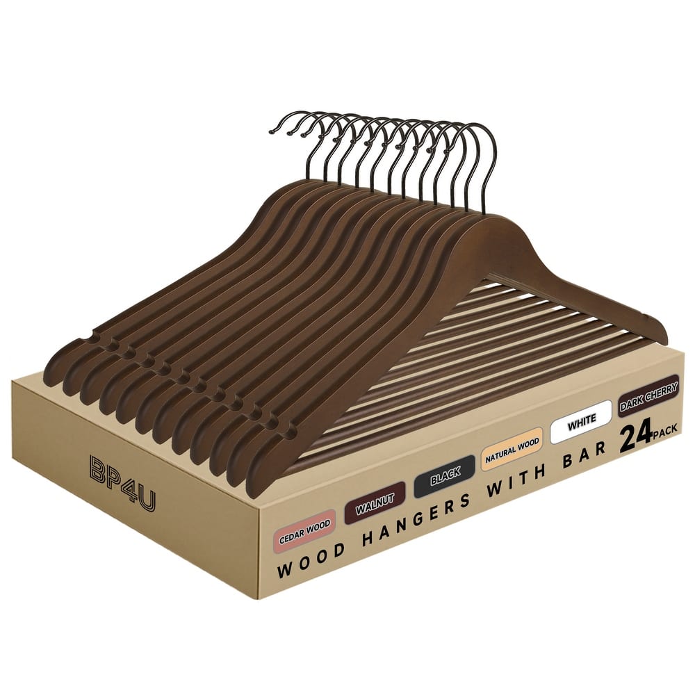 BP4U Premium Solid Wood Hangers with Non-Slip Trouser Bar, Heavy-Duty Suit Coat Wooden Hangers for Jackets, Shirts, and Dresses