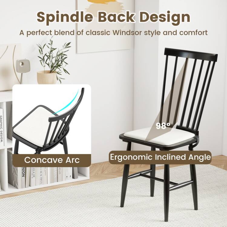 Set of 2 Windsor Dining Chairs with Cushioned Linen Seats and Solid Rubber Wood Frame - 20.5" x 16" x 38"