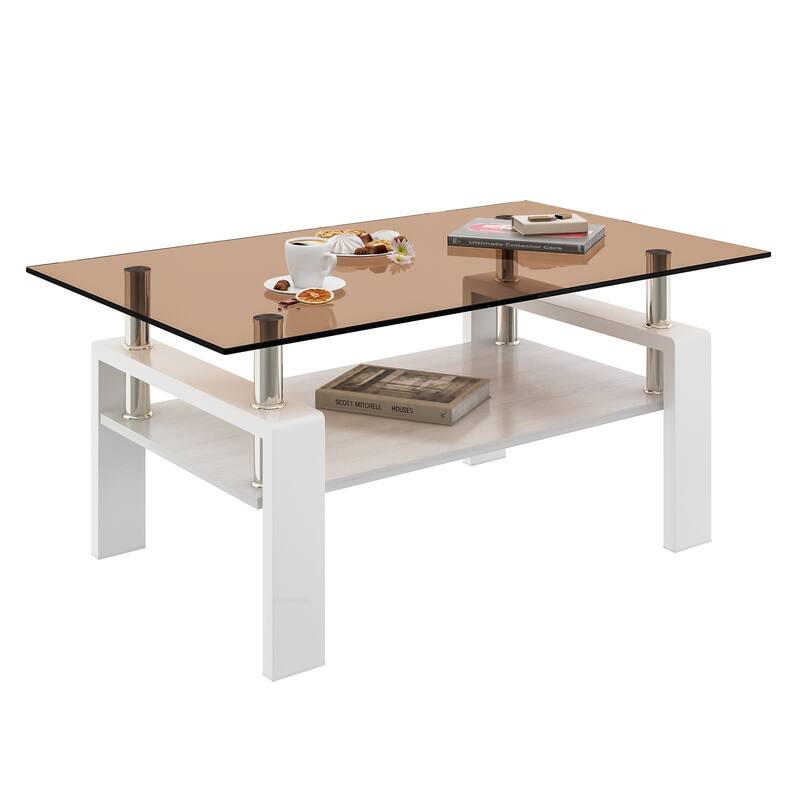 Rectangle Coffee Table, Tempered Glass Tabletop with MDF Layer, Modern Table for Living Room, Brown Glass