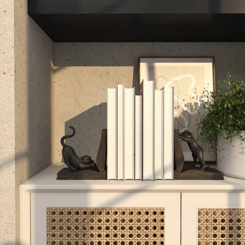 Black Polystone Reading Cat Decorative Bookends (Set of 2)