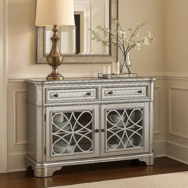 Garry Sideboard Buffet Console, 2 Drawers, Cabinets, Silver Wood, 56 Inch