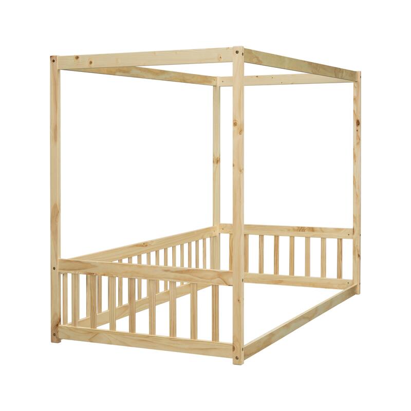 Twin Size Canopy Frame Floor Bed with Fence, Guardrails