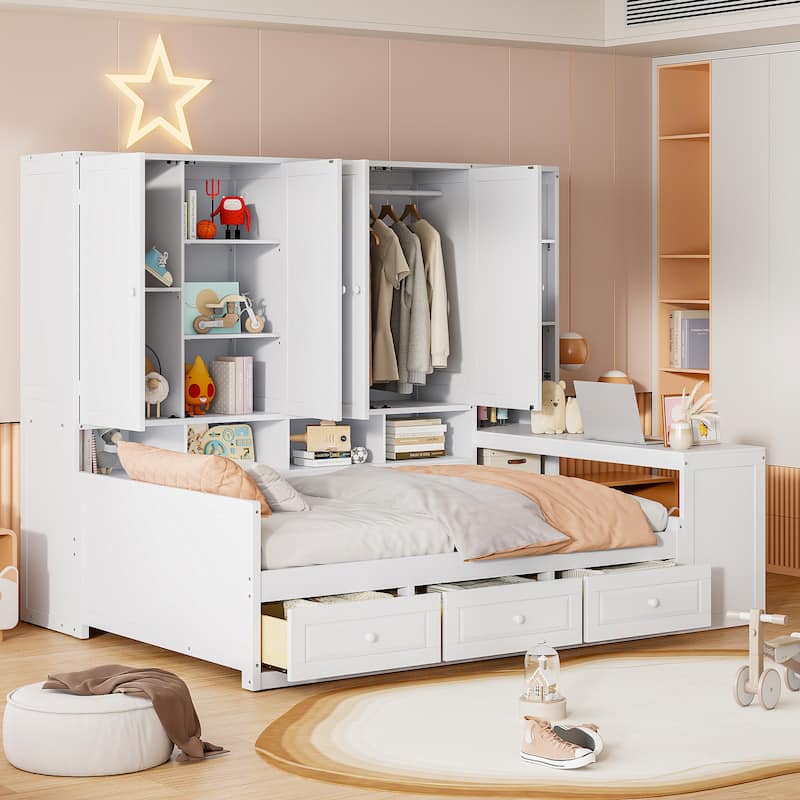 Daybed with Storage Drawers, Built-In Desk, Cabinets, and Shelves, Space-Saving Design