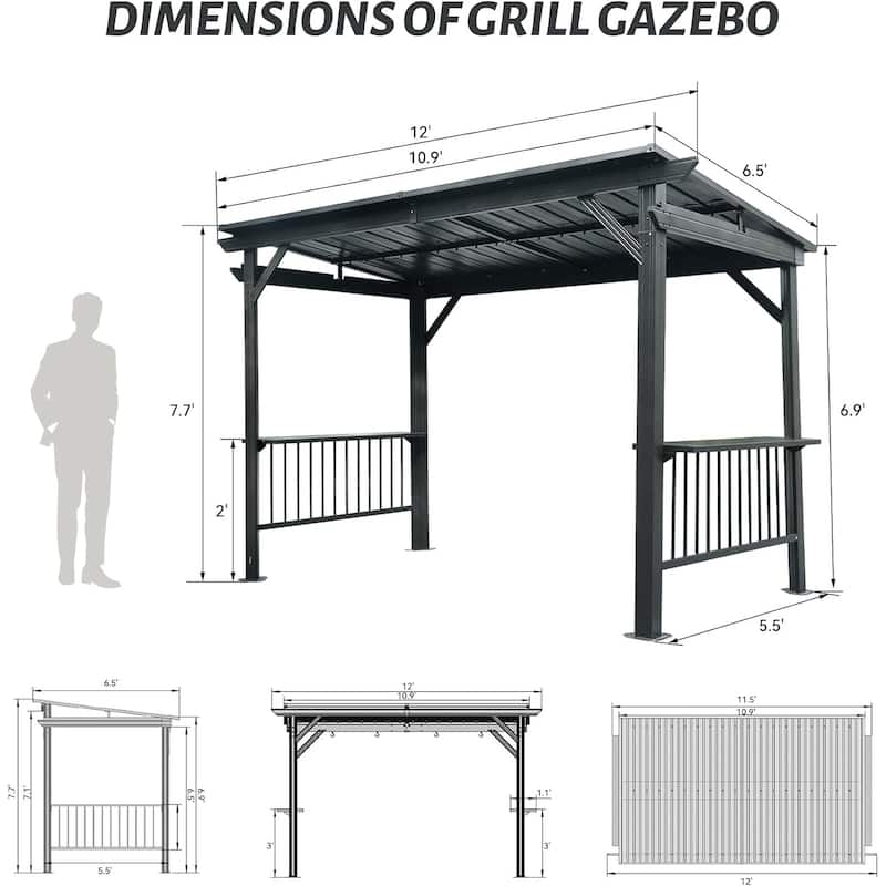 6.5x12FT Hardtop Grill Gazebo, Outdoor BBQ Gazebo with 2 Side Shelves and Sloping Galvanized Steel Roof