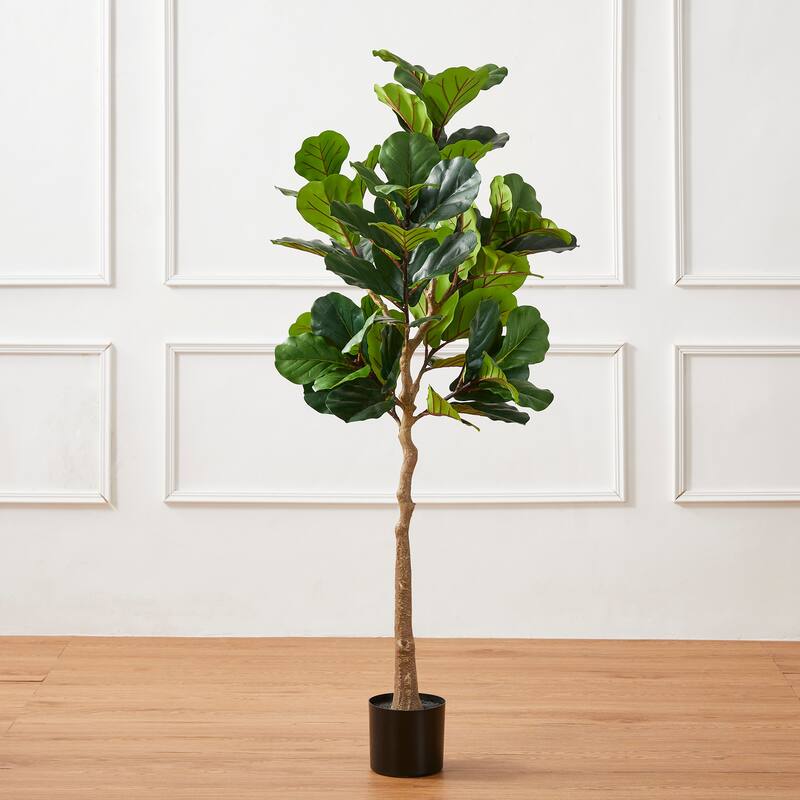 Glitzhome 5ft 61"H Real Touch Fiddle Leaf Fig Artificial Tree in Pot - 23.5"D x 61"H