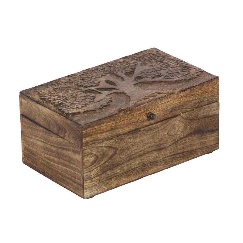 Mango Wood Floral Handmade Decorative Box with Hinged Lid - Set of 3 Brown - Roche River Decor