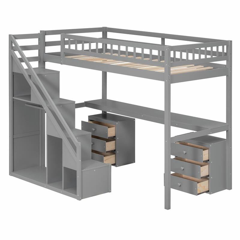 Loft Bed with Two Chest of Drawers, Integrated Desk, and LED Light Strip