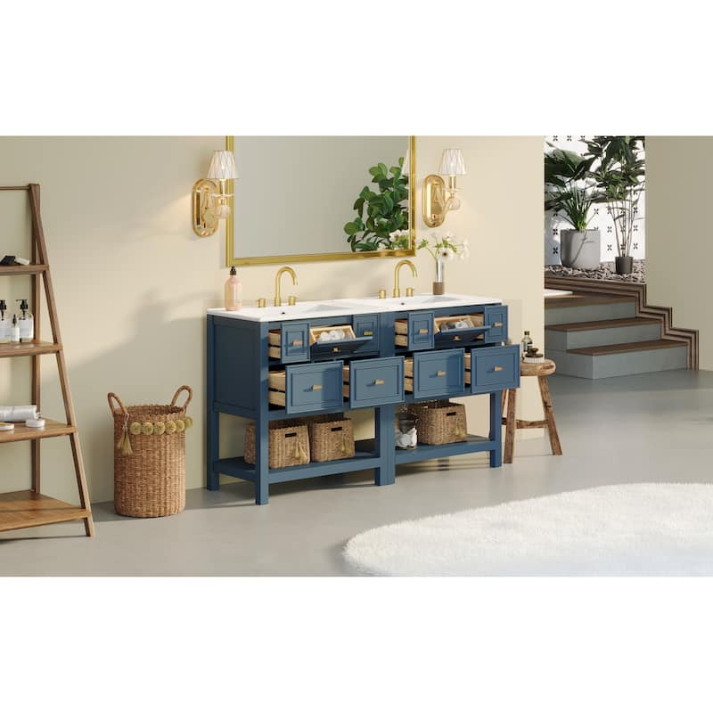 60'' Bathroom Vanity With Ceramic Sink Combo, Free Standing Single Vanity Set With 5 Drawers,Solid Wood FrameStorage Cabinet
