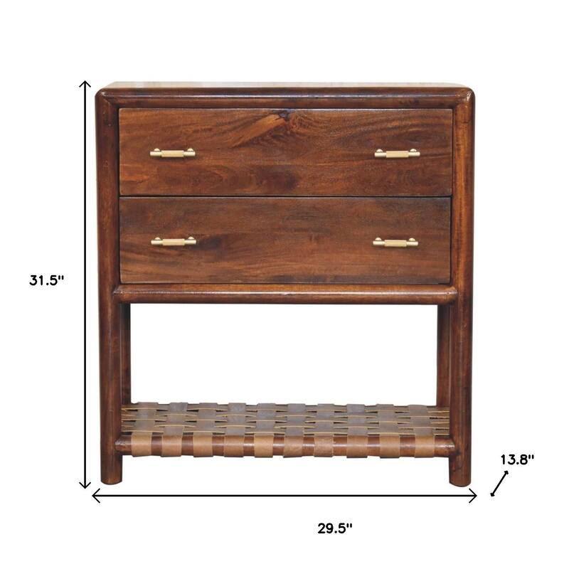 HomeRoots 32" Brown Solid Wood Two Drawer Nightstand With Leather Shelf
