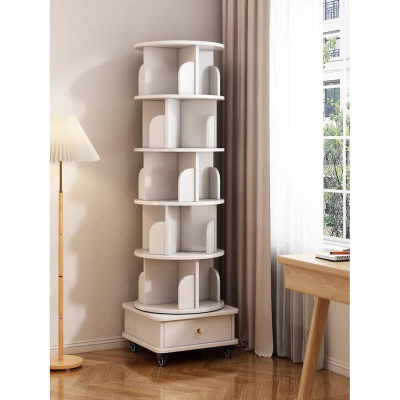 Anmytek 360 Rotating 6 Tier Corner Bookshelf with Drawer Floor Standing Wood Storage Organizer