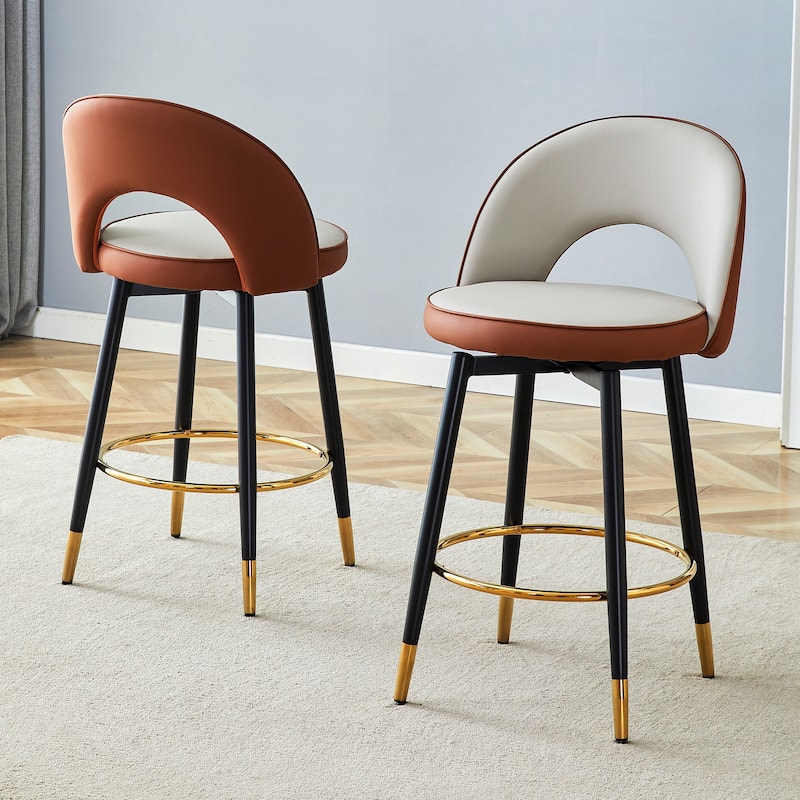 360° Swivel Bar Chair Set of 2, Modern Spliced Color Faux Leather Upholstered Bar Chair with Gold Metal Leg & Powder Coated Base