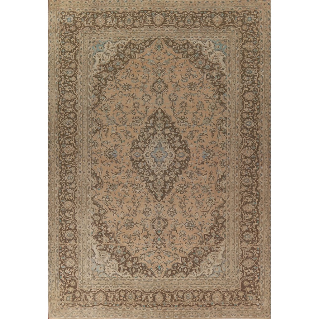 Mashad Persian Vintage Large Rug Hand-Knotted Oriental Wool Carpet - 9'9"x 13'8"