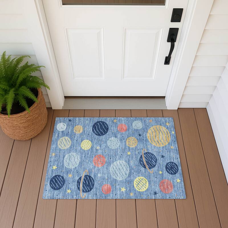 Machine Washable Indoor/ Outdoor Modern Planets Chantille Rug - Blue - 1'8" x 2'6"