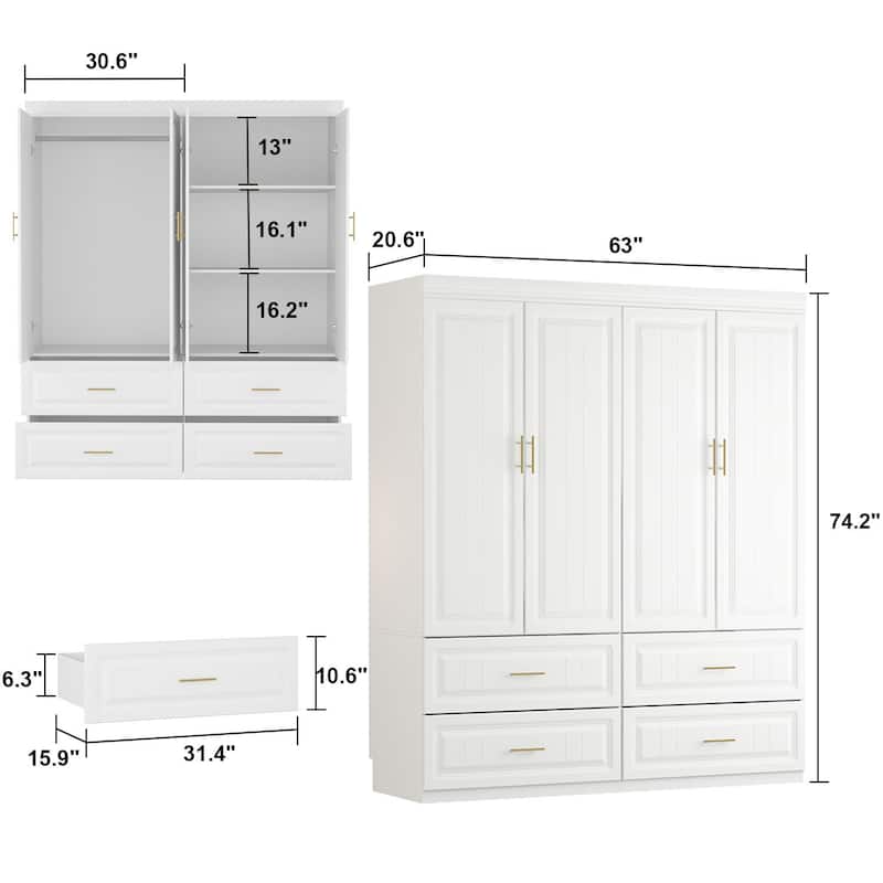93.9"H/74.2"H Armoires Wardrobe Closet Cabinet Hanging Drawers Storage