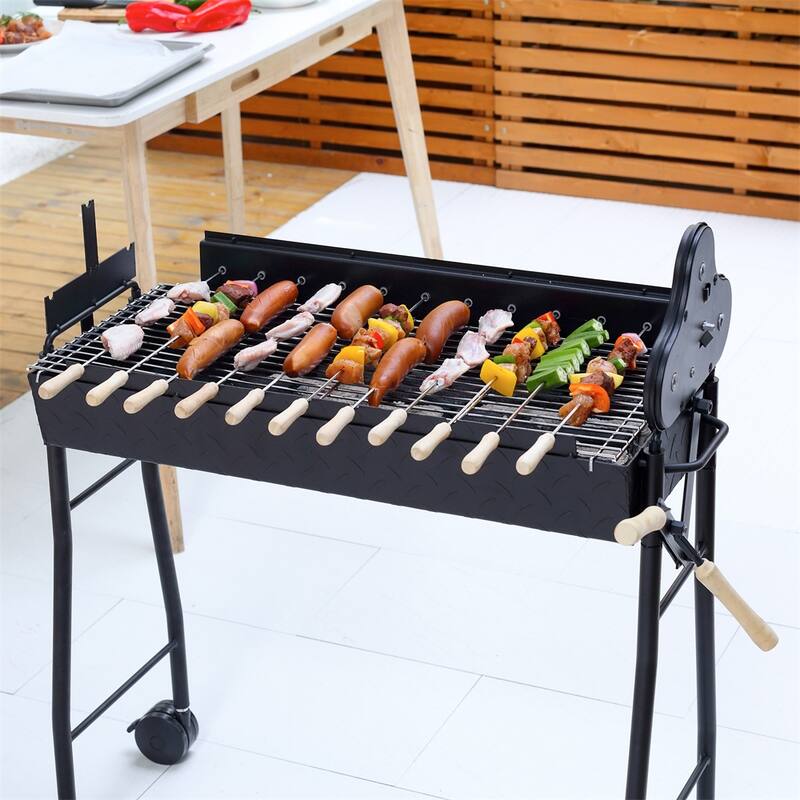 Outdoor Portable Charcoal BBQ Grills Height Adjustable with 4 Wheels