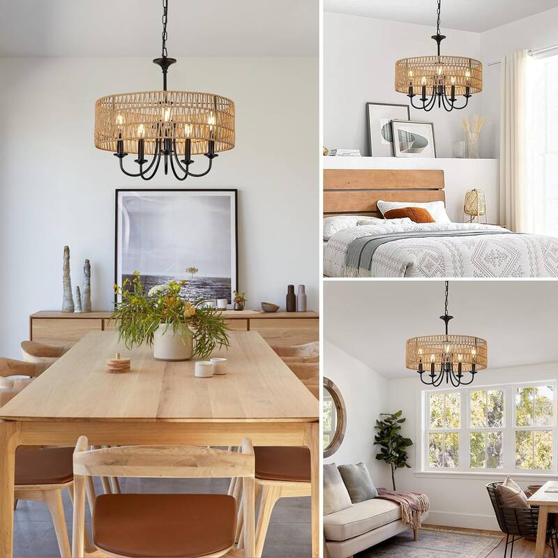Large Boho Rattan Pendant Light, 5-Light Farmhouse Chandelier with Adjustable Height for Living Room or Bedroom