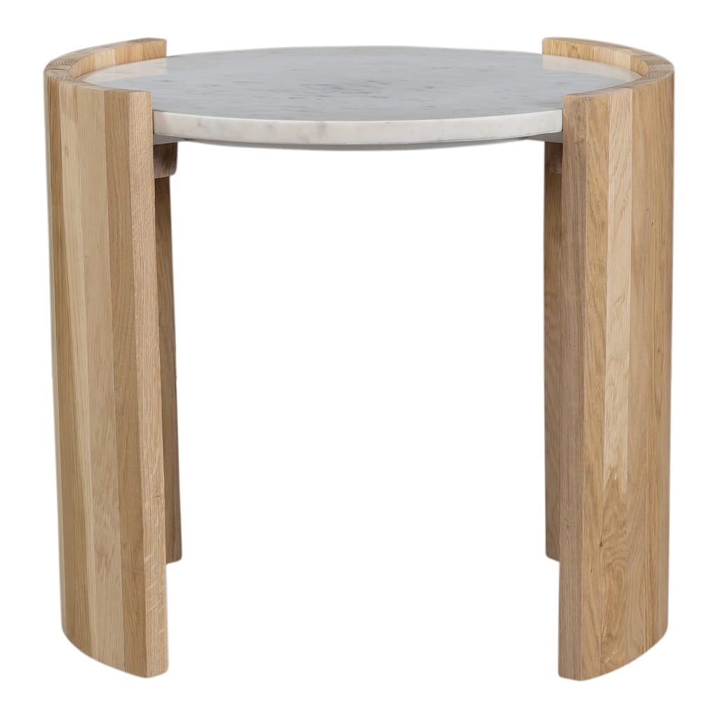 NADAAL STUDIOS Crest Side Table, Banswara White Marble Top, Solid Oak Base, Oval, White