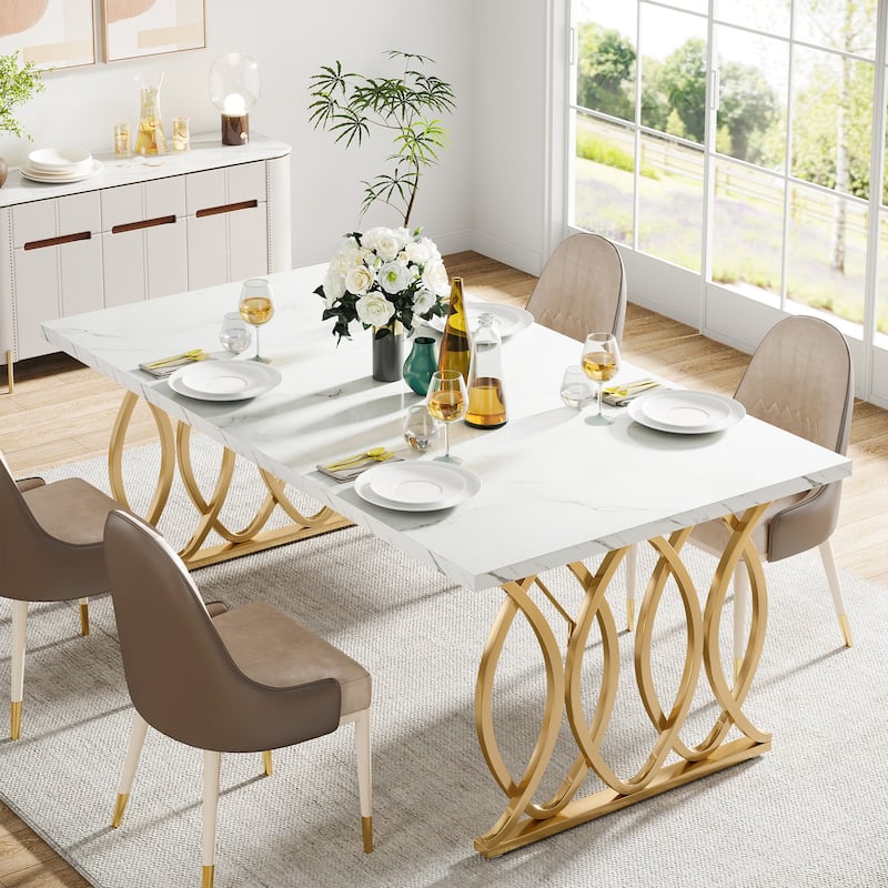 Modern Dining Table for 4-6 People, 63" Large Kitchen Table with Faux Marble Tabletop