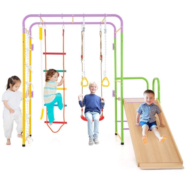 Multicolor Metal Plywood 8-in-1 Indoor Climbing Playset with Slide and Swing - Multi Color - 86" × 84" × 80"
