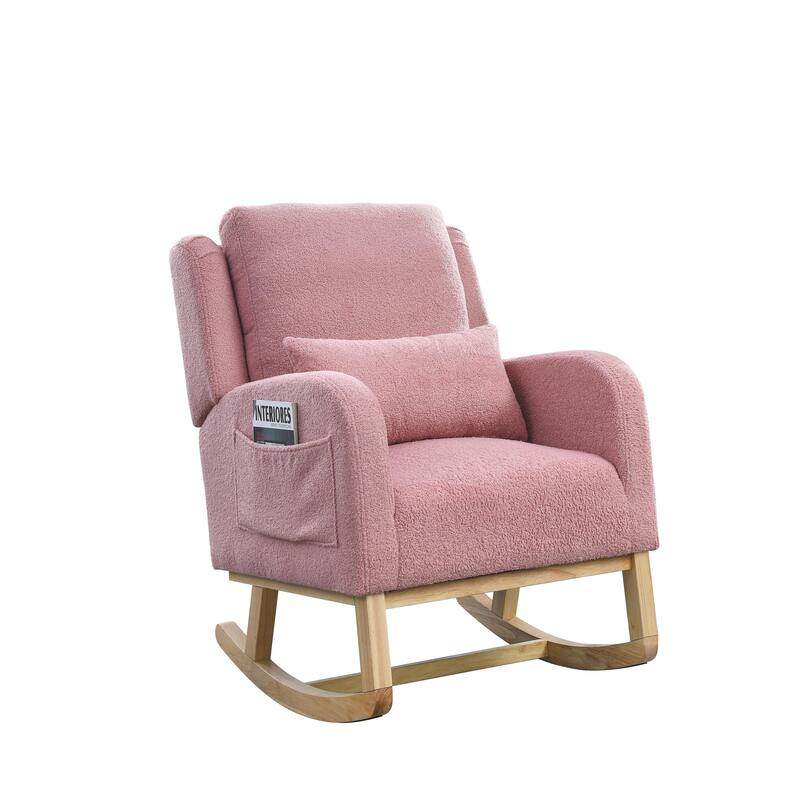 High Back Rocker Accent Chair with Wood Base, One Lumbar Pillow and Two Side Pockets