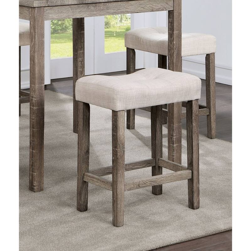 5-Piece Counter Height Dining Set with Gray Table and Beige Linen-like Upholstered Stools, Farmhouse-Inspired Rustic Charm
