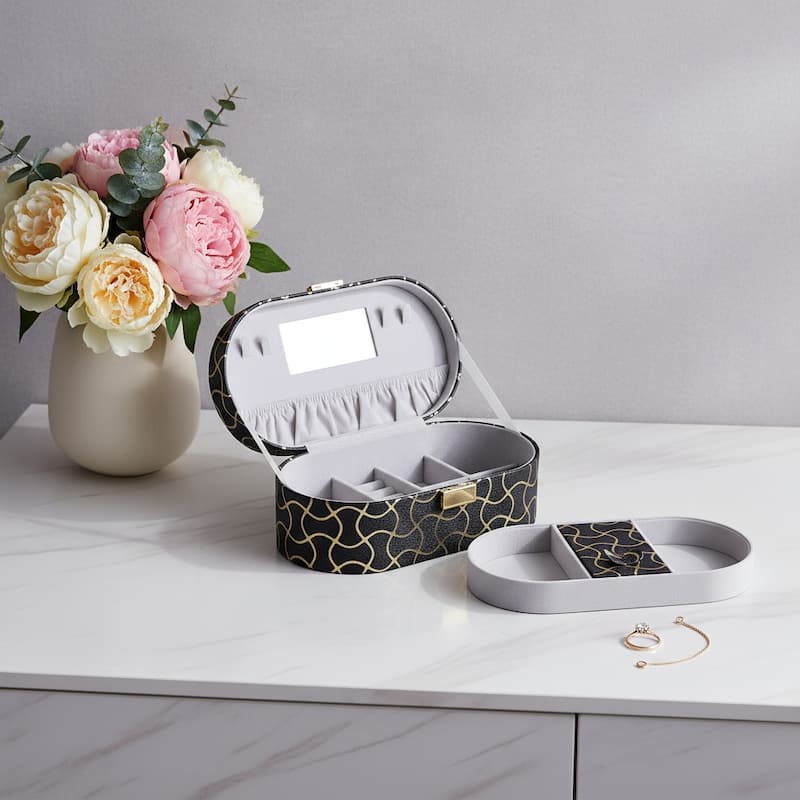 10" Black And Gold Faux Leather Abstract Scroll Jewelry Box Travel Case With Mirror - Gold/Black