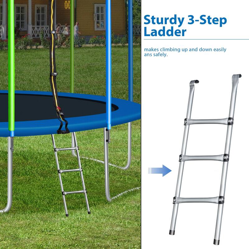 Kids Trampoline, Round Outdoor Recreational Trampoline with Safety Fence Mesh, Ladder and 8 or 12Wind Stakes