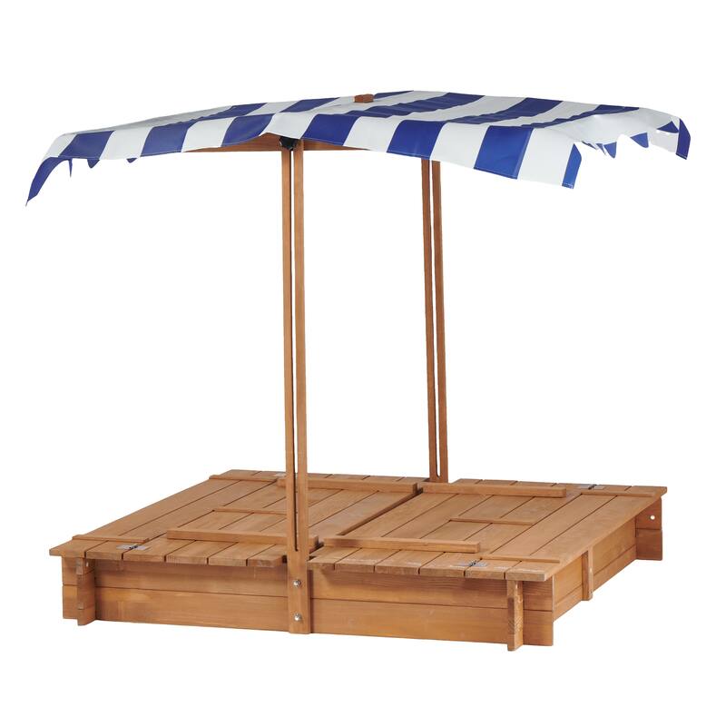 Kids Sandbox with Adjustable Cover, 46" Wooden Sand Box with 2 Foldable Bench Seats, Outdoor Sandpit for Backyard Play