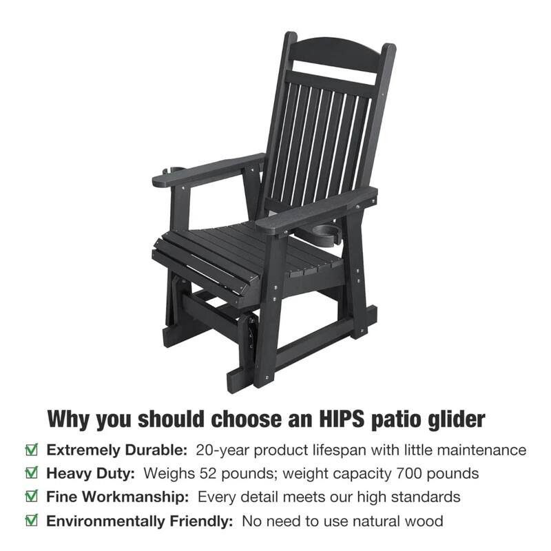 Fortune Candy Poly Lumber Patio Glider for One Person with Cup Holders, HIPS Material, All-Weather Resistant