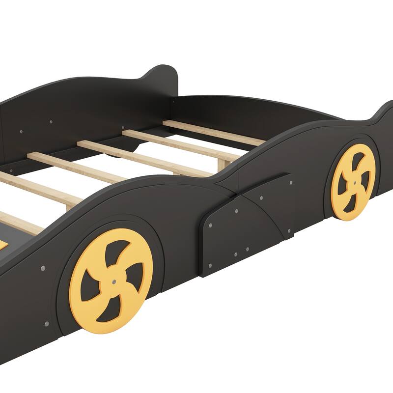 Full Size Kids Bedroom Platform Bed Race Car Bed Frame Aerodynamic Race Car Platform Bed with Storage Footboard - Black