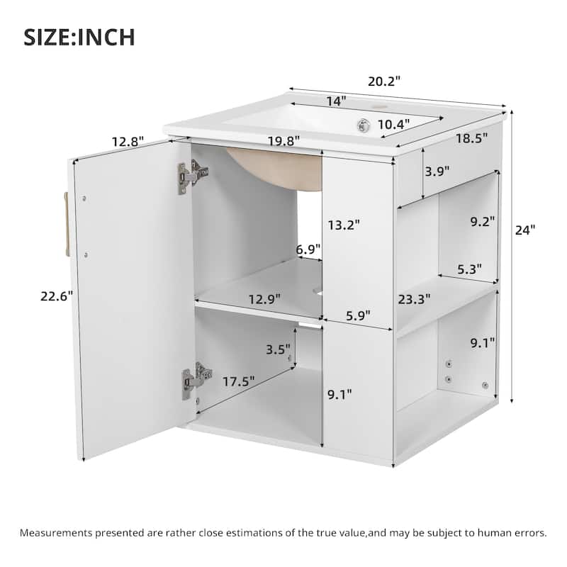 20" Wall Mounted Bathroom Vanity with White Integrated Ceramic Sink - 20.3'' x 18.5'' x 24''