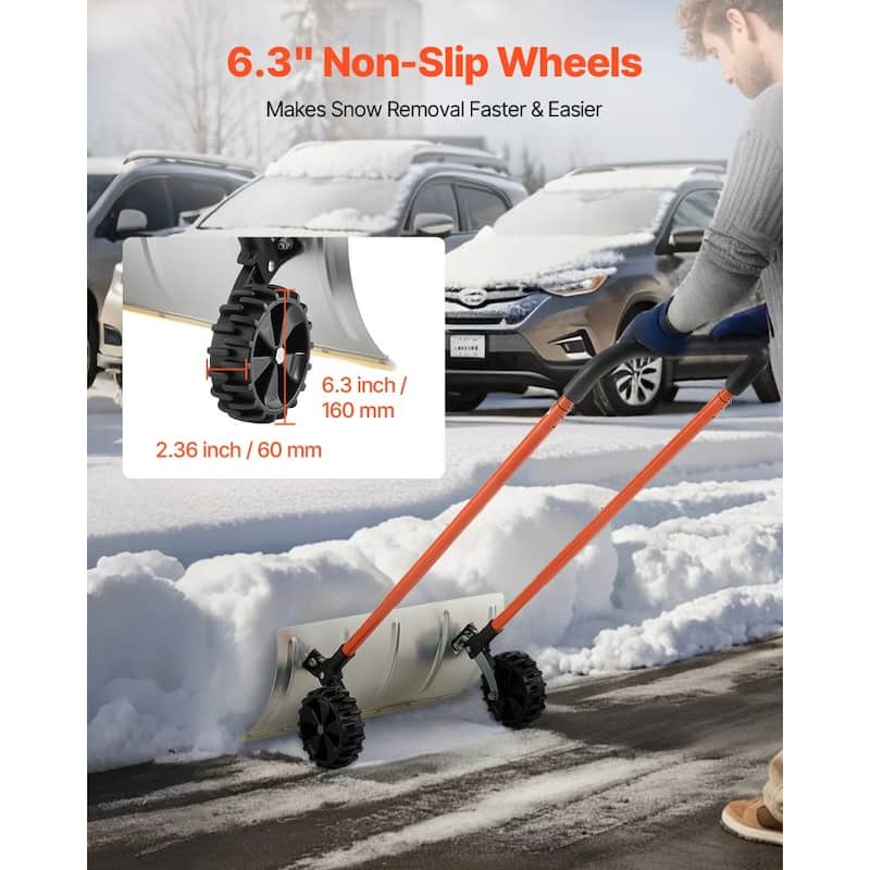 24 Inch Push Snow Shovel with Wide Blade Sturdy Frame and Anti-Slip Wheels for Driveway Yard or Sidewalk
