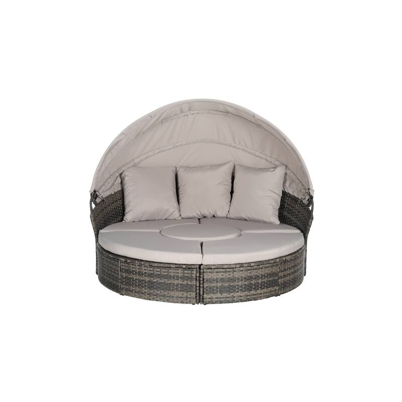 5-Piece Outdoor Patio Conversation Set Wicker Daybed Set with Canopy, Storable Table&Soft Cushions