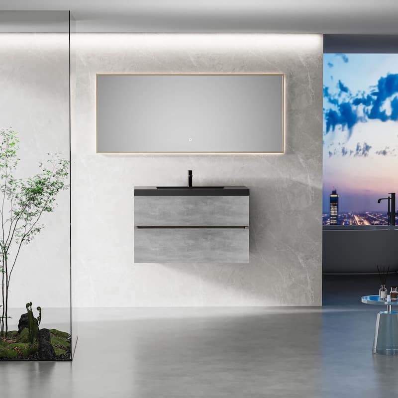 Grey Wall-Mounted Bath Vanity, Quartz Top,Sink and Soft Close Drawers