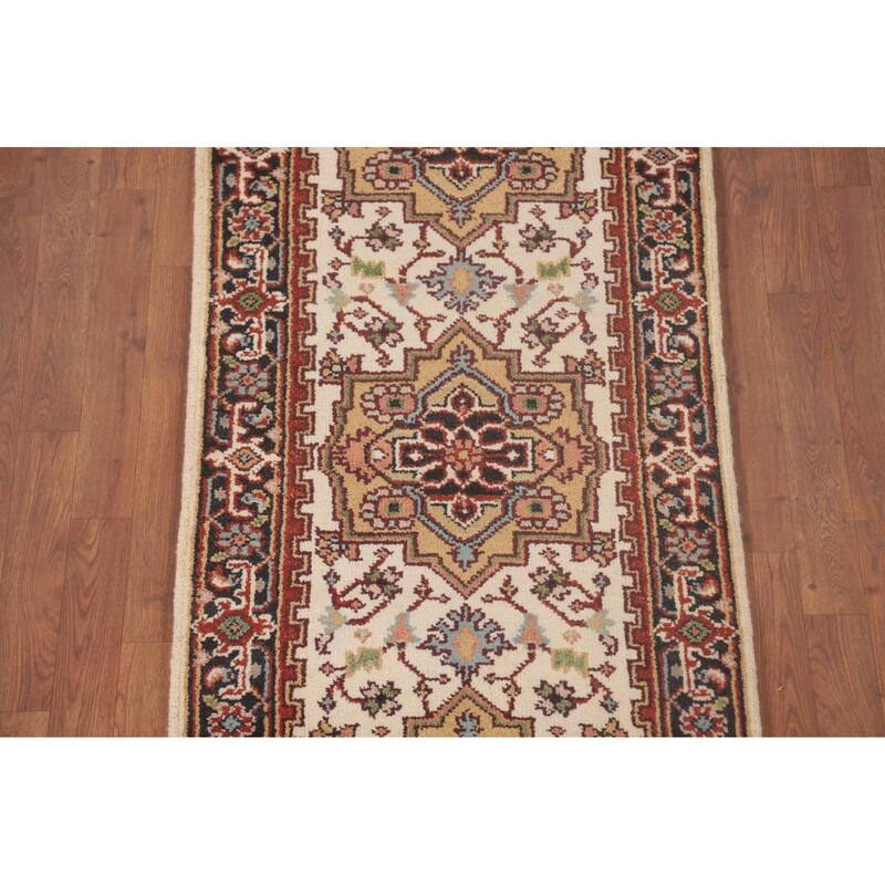 Geometric Heriz-Serapi Runner Rug Hand-Knotted Bedroom Wool Carpet - 2'6"x 8'0"