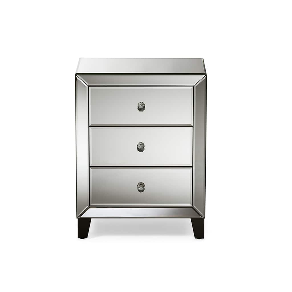 Mirrored Nightstand with Drawers, 3 Drawer Bedside Table, Silver Chevron Accent, Modern Bedroom Furniture