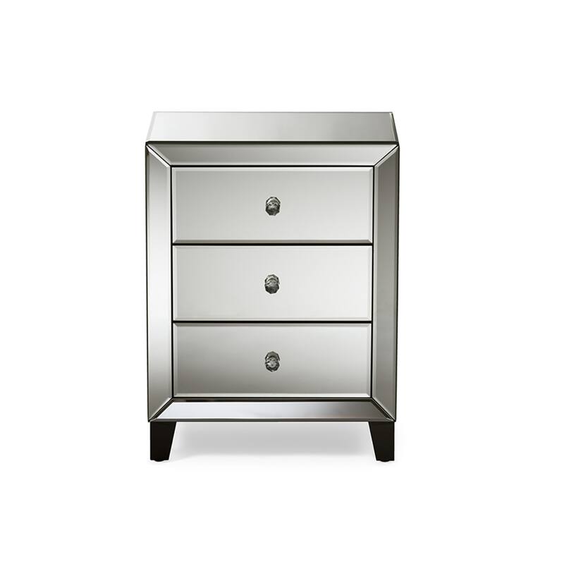 Mirrored Nightstand with Drawers, 3 Drawer Bedside Table, Silver Chevron Accent, Modern Bedroom Furniture